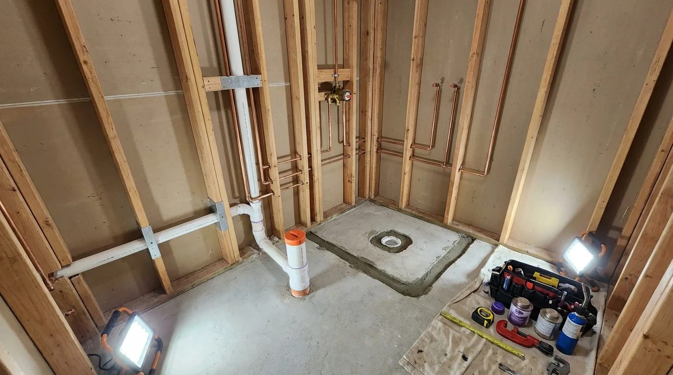 Bathroom rough-in plumbing during remodel by Johns Plumbing LLC in Westminster
