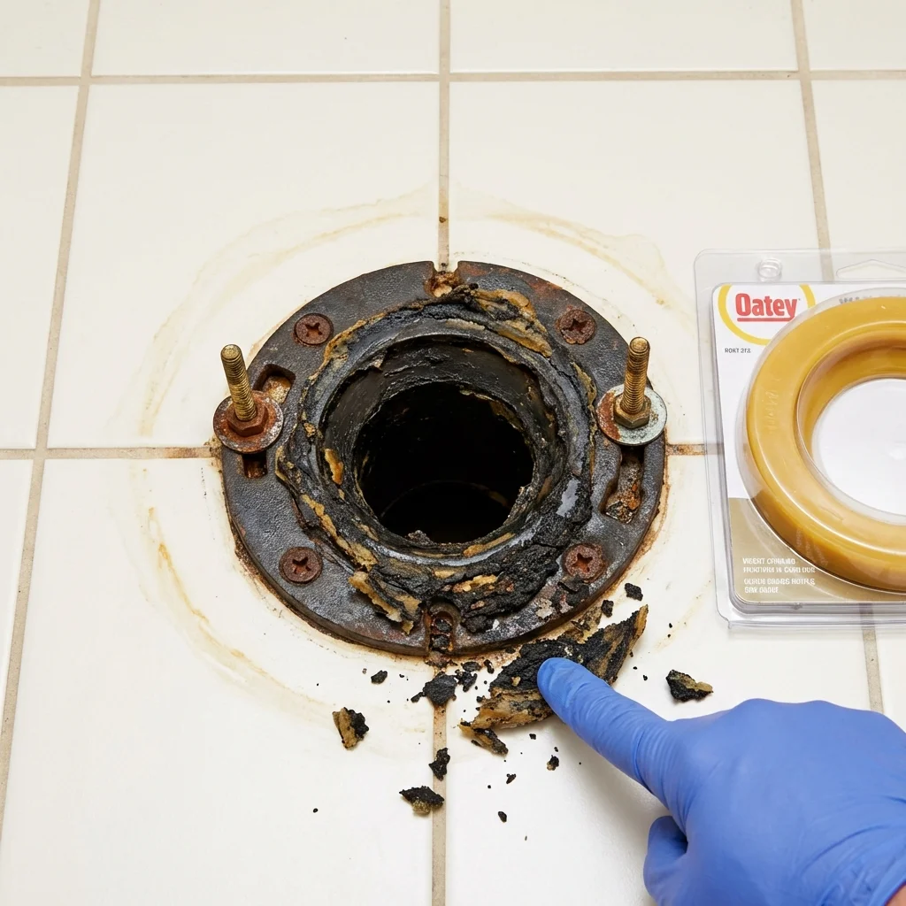 Failed wax ring showing water seepage at the base of a toilet in a Westminster, MA home