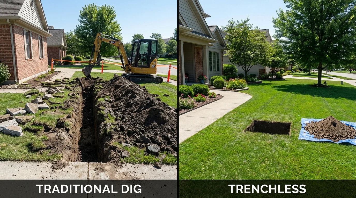 Trenchless sewer repair with minimal yard damage versus traditional excavation in Westminster, MA