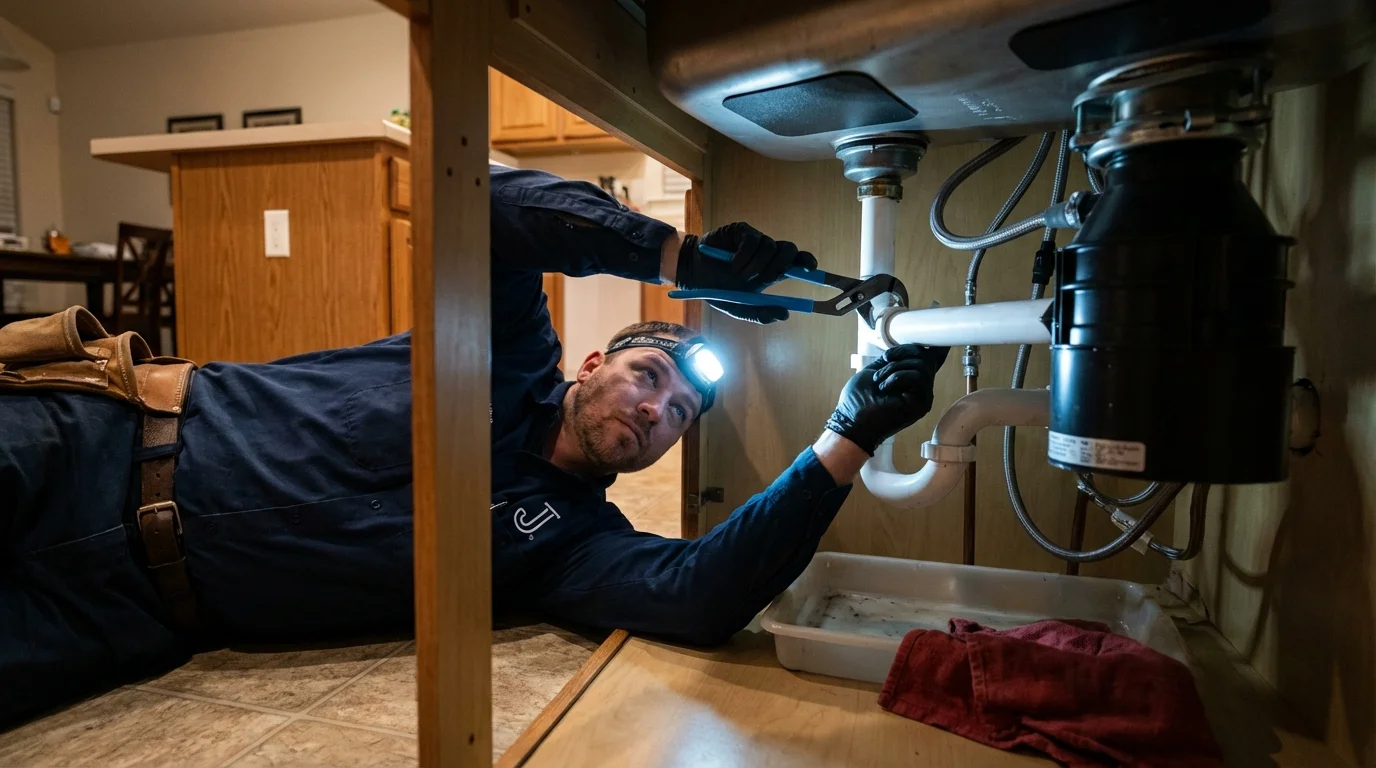 P-trap and supply line connections under a kitchen sink showing a common leak point in Westminster, MA
